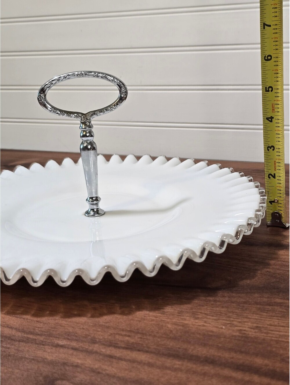 Vintage Fenton Silver Crest Milk Glass Handled Tidbit Platter Ruffled Tray - Picture 6 of 6